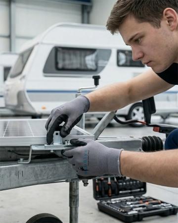 Ein Mann installiert oder wartet Solarmodule an einer Vorrichtung, während im Hintergrund ein weißer Wohnwagen zu sehen ist.